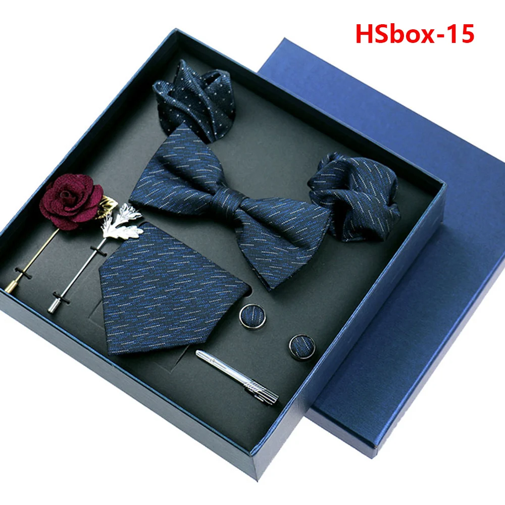 8-piece Set Bussiness Blue Ties For Mans Floral Brooches Pin Cufflinks Tie Clips Butterfly Bowtie Wedding Accessori Gift Box Set