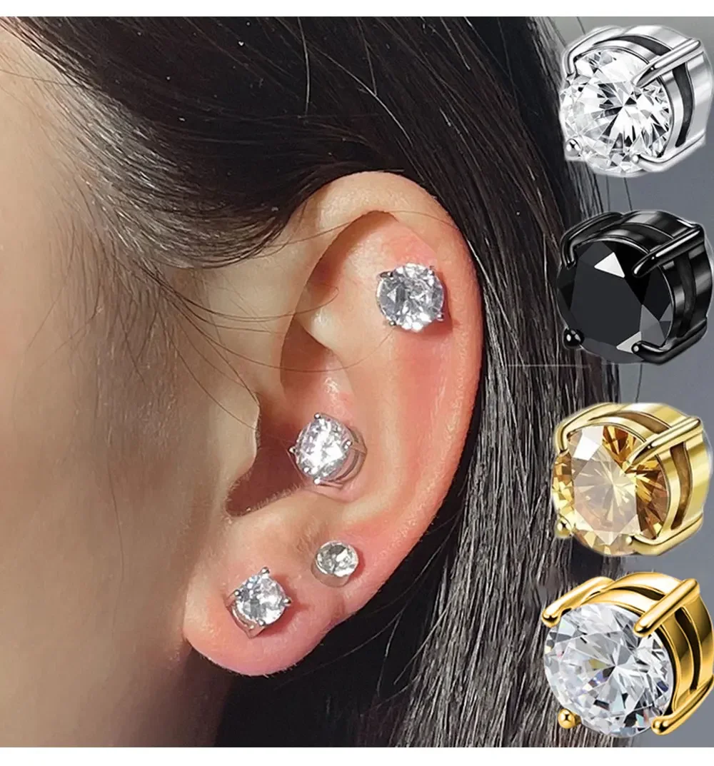 1Pairs Crystal Strong Magnetic Ear Stud Clip Earrings for Men and Women Punk Round Zircon Magnet Earrings Non Piercing Jewelry