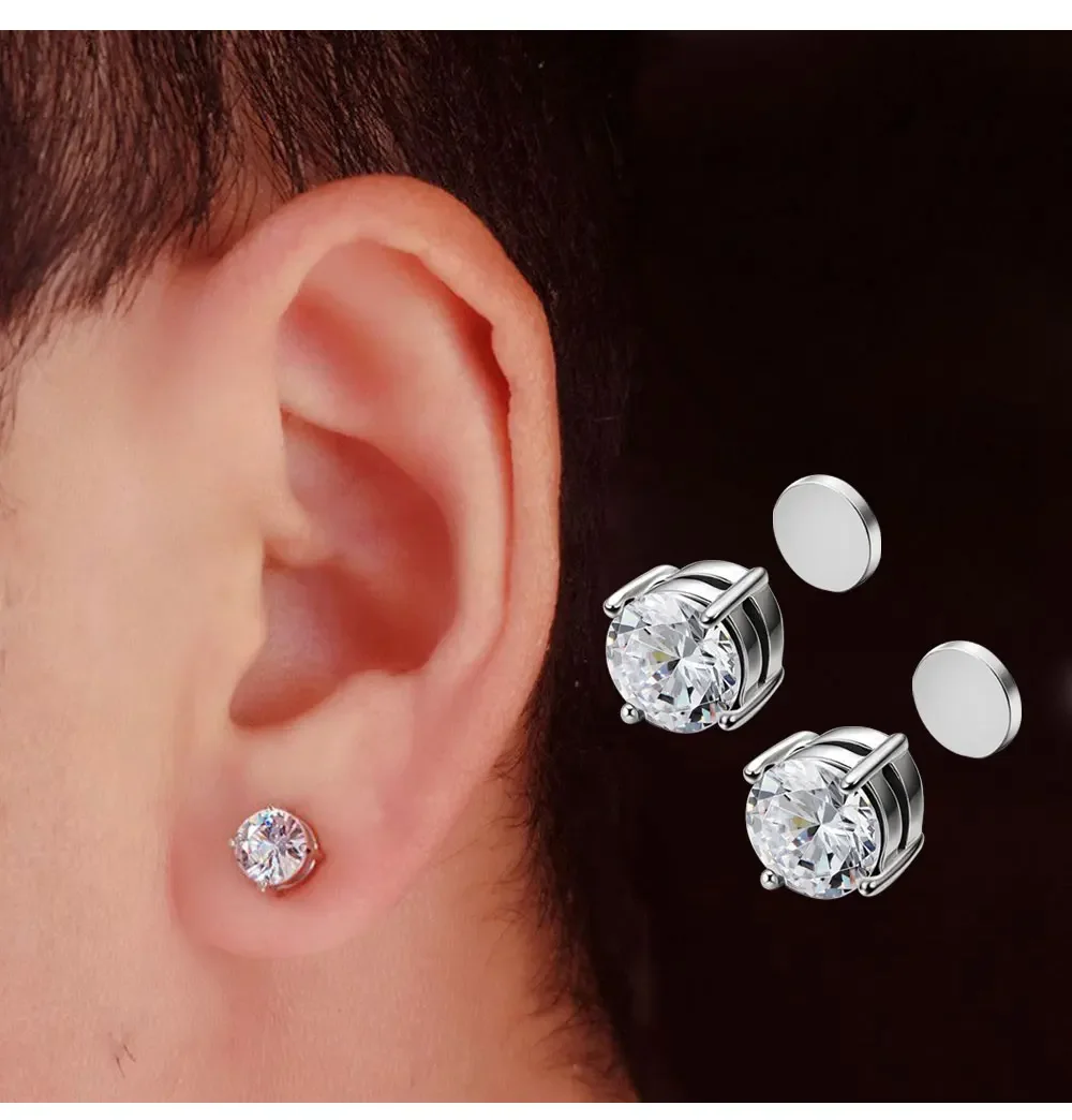 1Pairs Crystal Strong Magnetic Ear Stud Clip Earrings for Men and Women Punk Round Zircon Magnet Earrings Non Piercing Jewelry