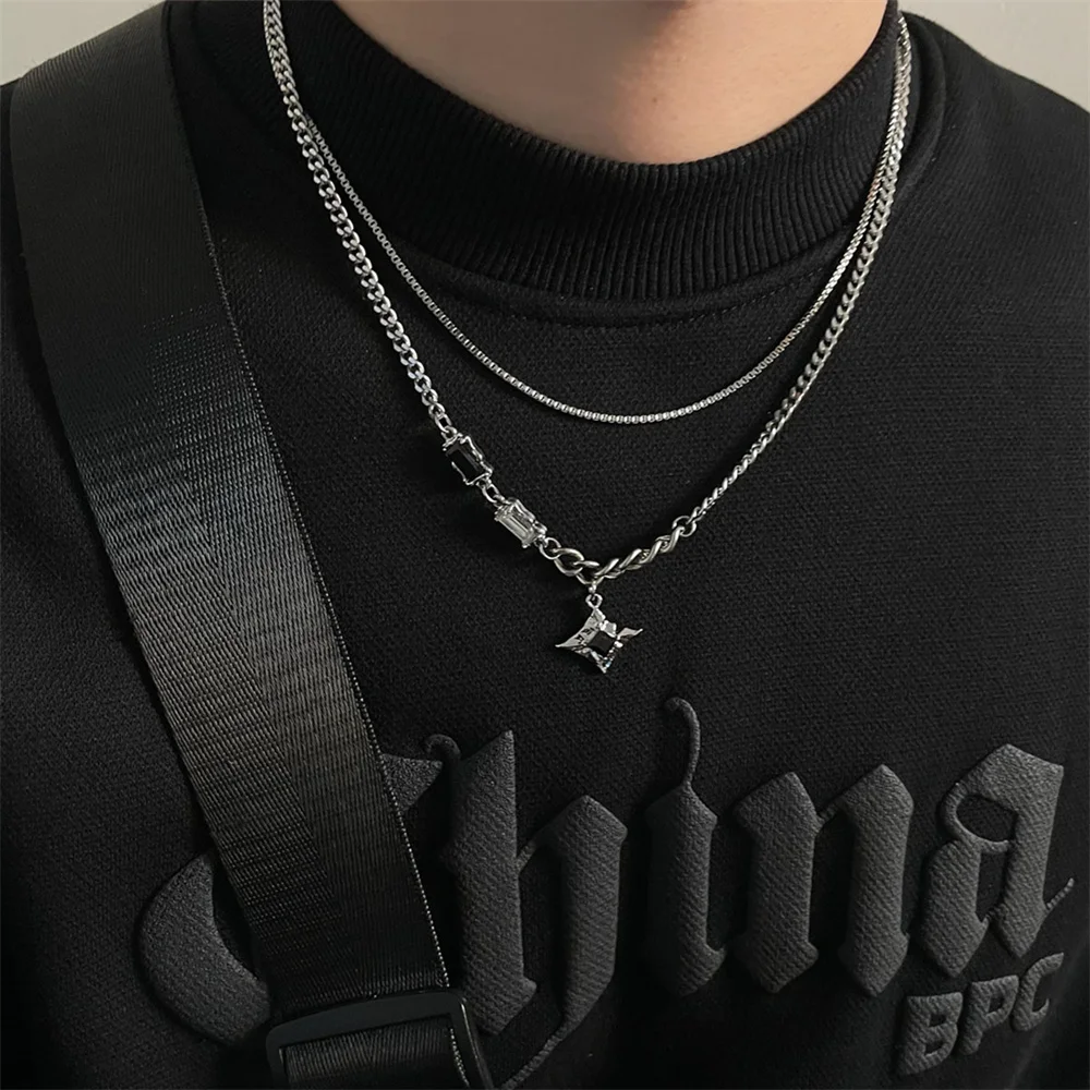 Hip Hop Zircon Star Double Layer Necklace For Men Women Trend Charm Titanium Steel Pendant Chain Unisex Jewelry Wholesale