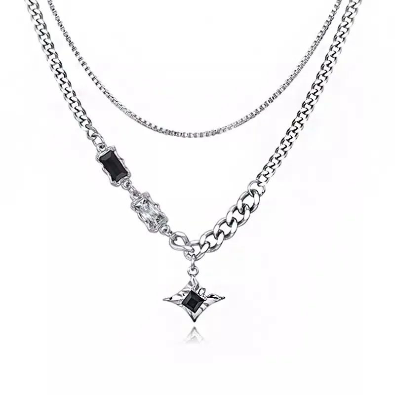 Hip Hop Zircon Star Double Layer Necklace For Men Women Trend Charm Titanium Steel Pendant Chain Unisex Jewelry Wholesale