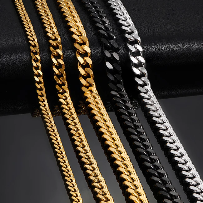 3.5mm/5mm/7mm/9mm Thickness Stainless Steel Cuban Curb Link Chain Necklace for Men Boys Silver Gold Black Color 14 to 30 Inches