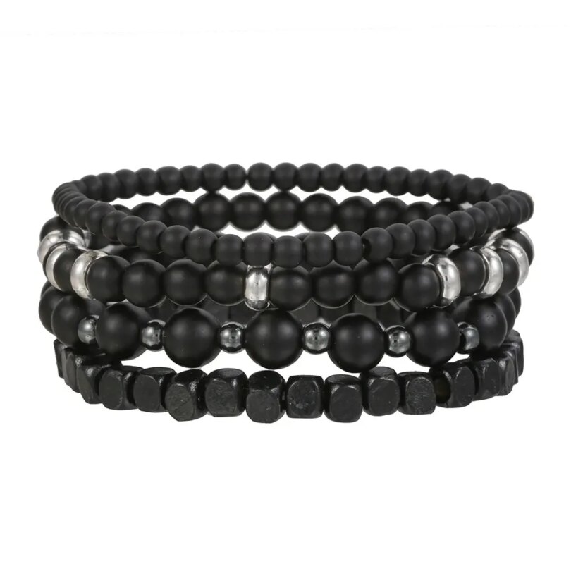 4Pcs/Set Black Gall Stone Volcanic Stone Wood Beads Multi-layer Men's Combination Elastic Bracelet For Couple Friends Jewelry - Image 4