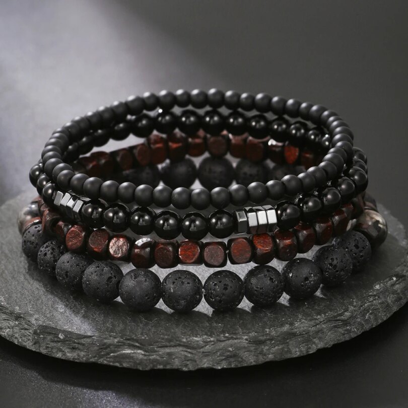 4Pcs/Set Black Gall Stone Volcanic Stone Wood Beads Multi-layer Men's Combination Elastic Bracelet For Couple Friends Jewelry - Image 2