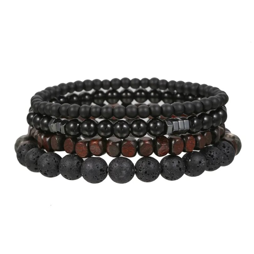 4Pcs/Set Black Gall Stone Volcanic Stone Wood Beads Multi-layer Men's Combination Elastic Bracelet For Couple Friends Jewelry - Image 3