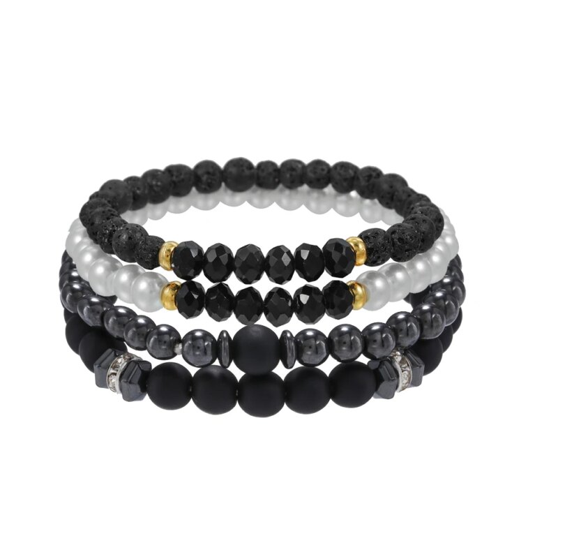 4Pcs/Set Black Gall Stone Volcanic Stone Wood Beads Multi-layer Men's Combination Elastic Bracelet For Couple Friends Jewelry - Image 5