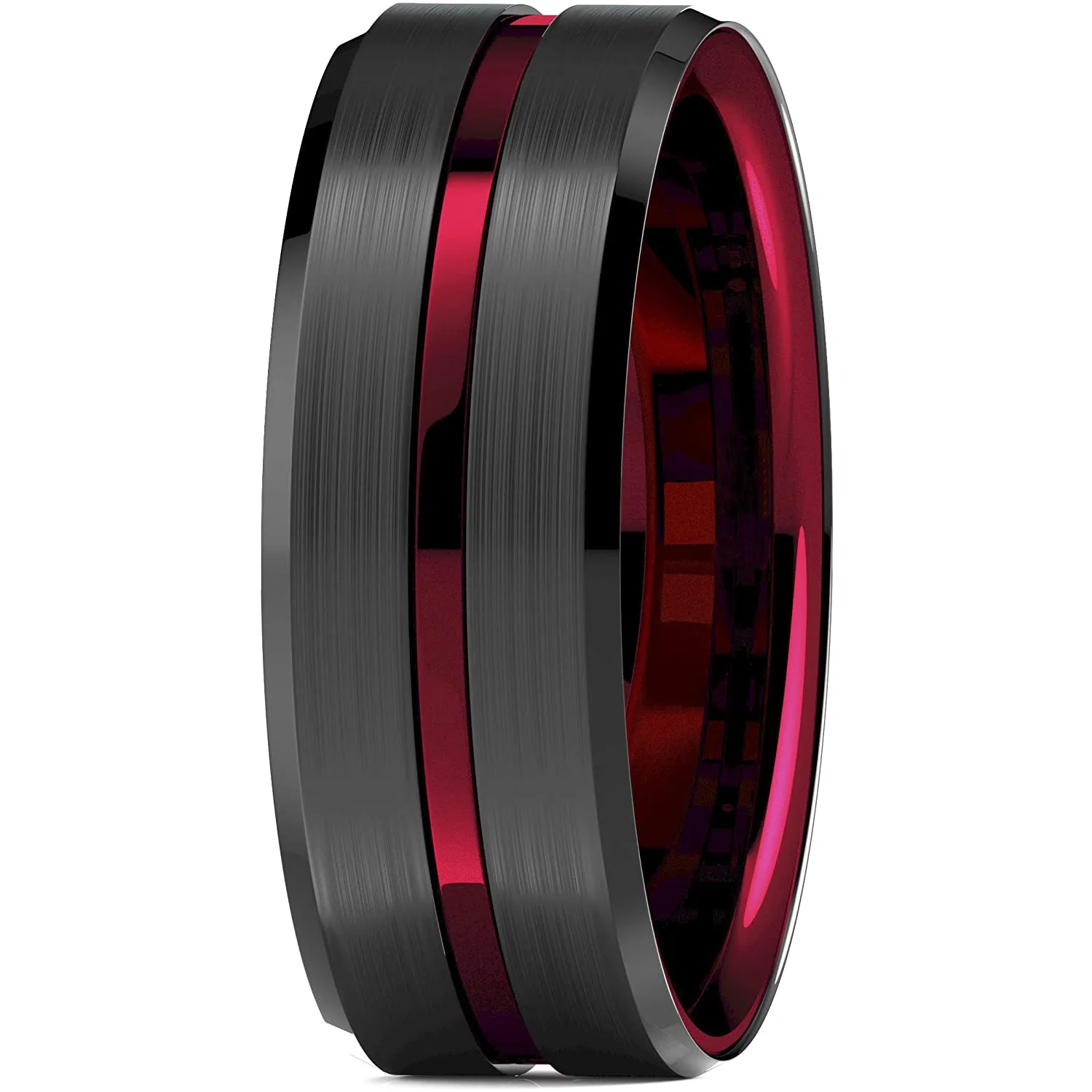 Fashion 8mm Red Groove Beveled Edge Stainless Steel Celtic Dragon Rings for Men Zircon Inlay Carbon Fibre Ring Men Wedding Band