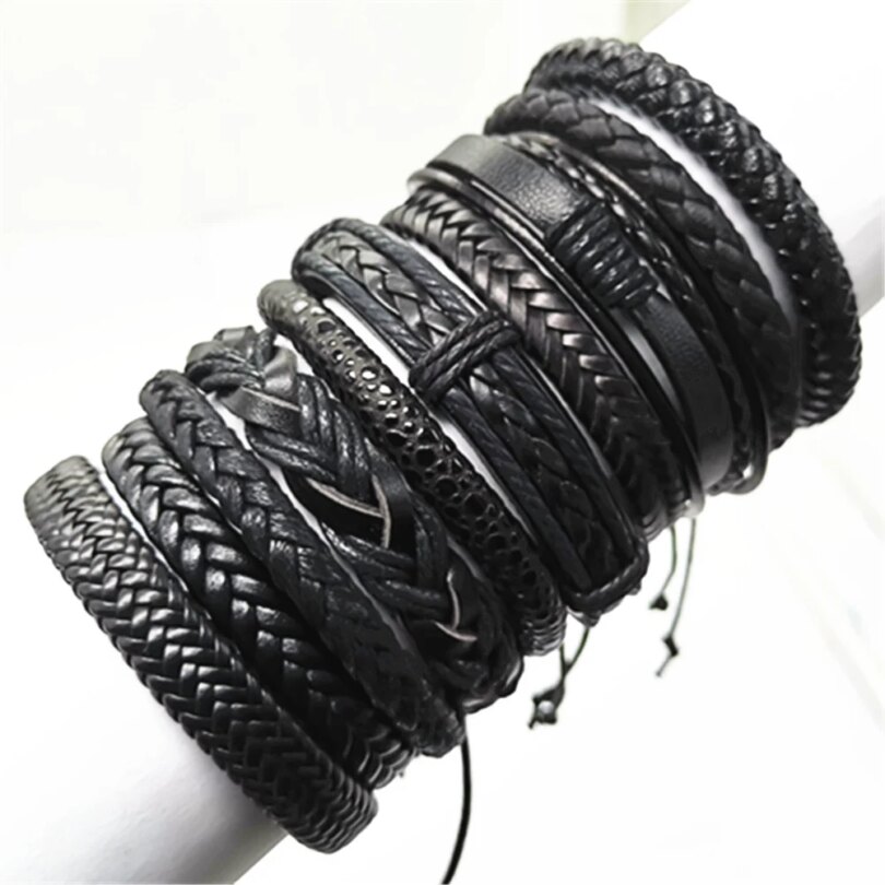 10 Pcs/set Black Wrap Woven New Fashion Handmade Men Bracelets Male Women Leather Bracelets Men Bangle Wholesale Jewelry Gift - Image 2