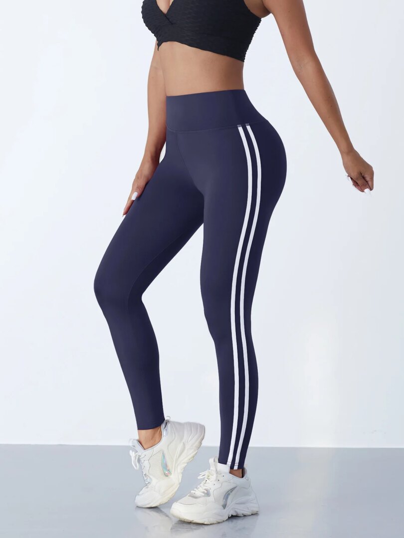 Casual Sports Side Stripe Pants High Waist 4 Way Stretch Breathable Running Workout Yoga Leggings Activewear For Women - Image 2