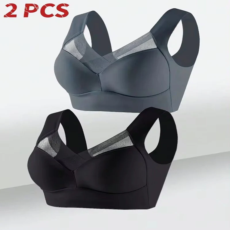 2PCS Women Lace Sport Bras Plus Size Seamless Bra Bralette Backless Lady Brassiere Vest Female Gather Shock-Proof Wireless L-3XL