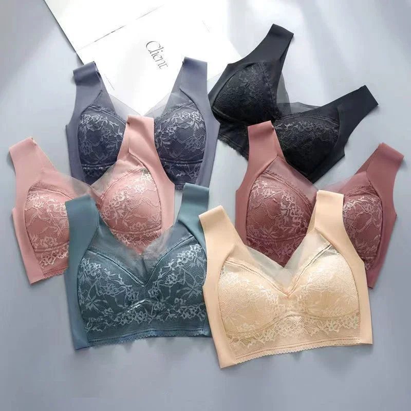 Womens Lace Bra Perspective Bralette Push Up Ice Silk Deep V Bra Sexy Lingerie Tops Plus Size Cup Mom's underwear L-5XL