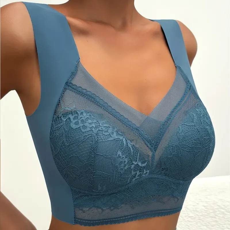 Womens Lace Bra Perspective Bralette Push Up Ice Silk Deep V Bra Sexy Lingerie Tops Plus Size Cup Mom's underwear L-5XL