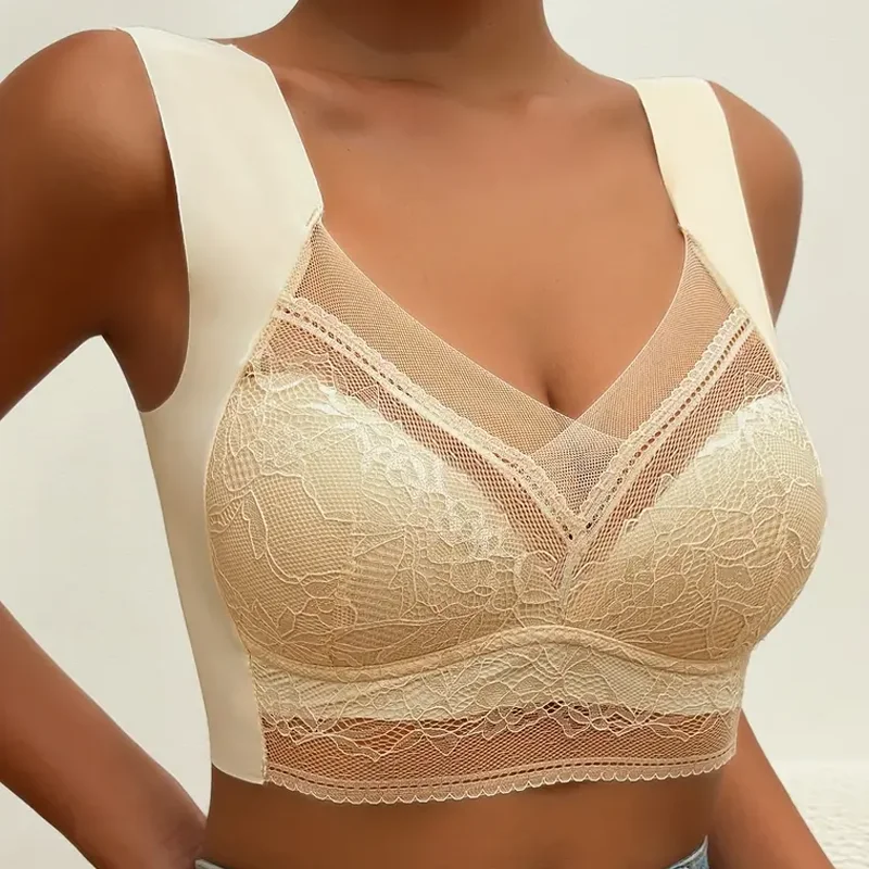 Womens Lace Bra Perspective Bralette Push Up Ice Silk Deep V Bra Sexy Lingerie Tops Plus Size Cup Mom's underwear L-5XL