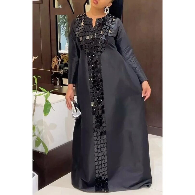 Plus Size Fashion Women's Black Satin Sequin Dress 2024 Long Sleeve Maxi Dress Casual Holiday Solid Color Robe - Image 3