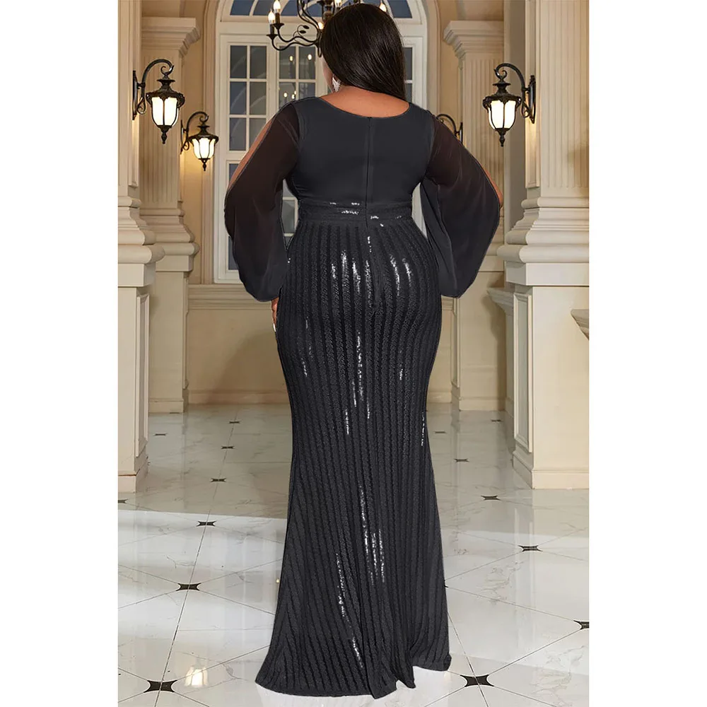 Plus Size Fashion Women's Black Satin Sequin Dress 2024 Long Sleeve Maxi Dress Casual Holiday Solid Color Robe