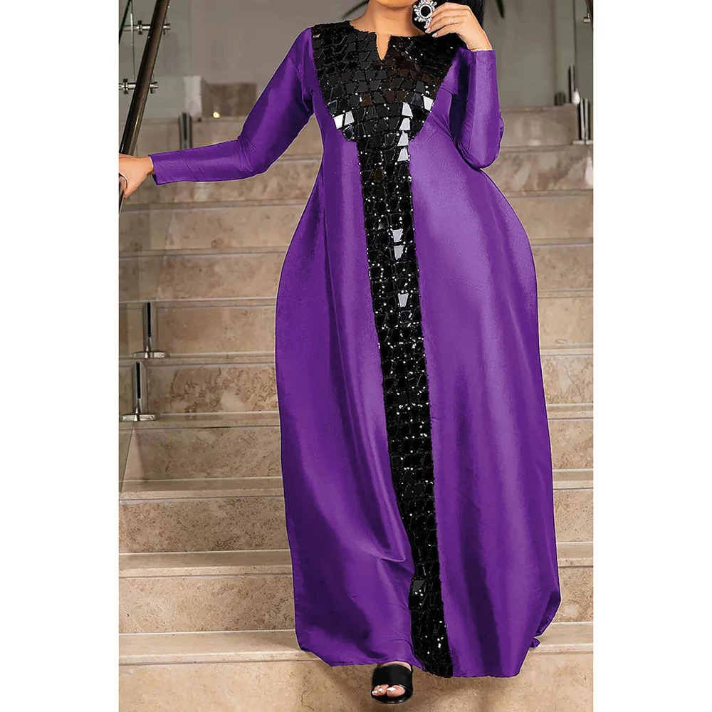 Plus Size Fashion Women's Black Satin Sequin Dress 2024 Long Sleeve Maxi Dress Casual Holiday Solid Color Robe