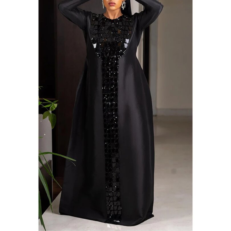 Plus Size Fashion Women's Black Satin Sequin Dress 2024 Long Sleeve Maxi Dress Casual Holiday Solid Color Robe - Image 2