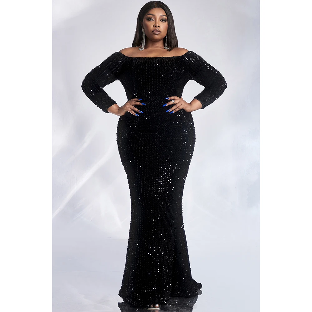 Plus Size Fashion Women's Black Satin Sequin Dress 2024 Long Sleeve Maxi Dress Casual Holiday Solid Color Robe