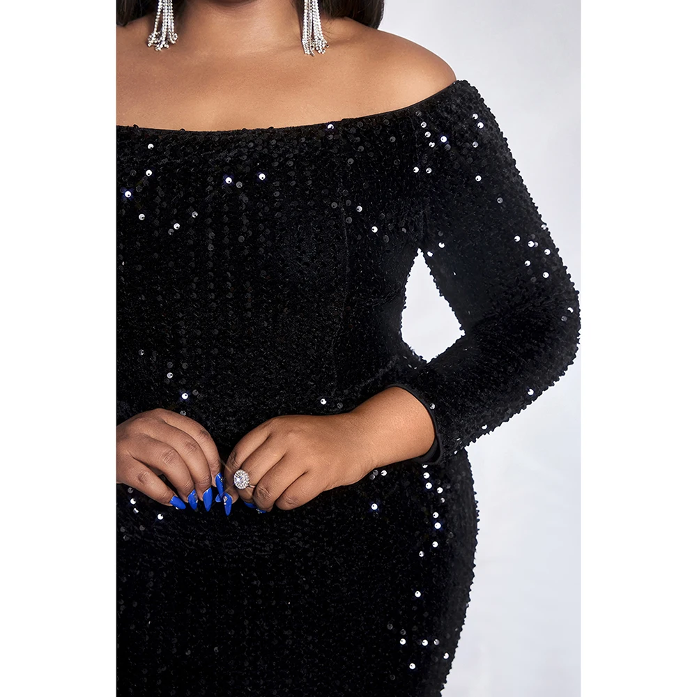 Plus Size Fashion Women's Black Satin Sequin Dress 2024 Long Sleeve Maxi Dress Casual Holiday Solid Color Robe