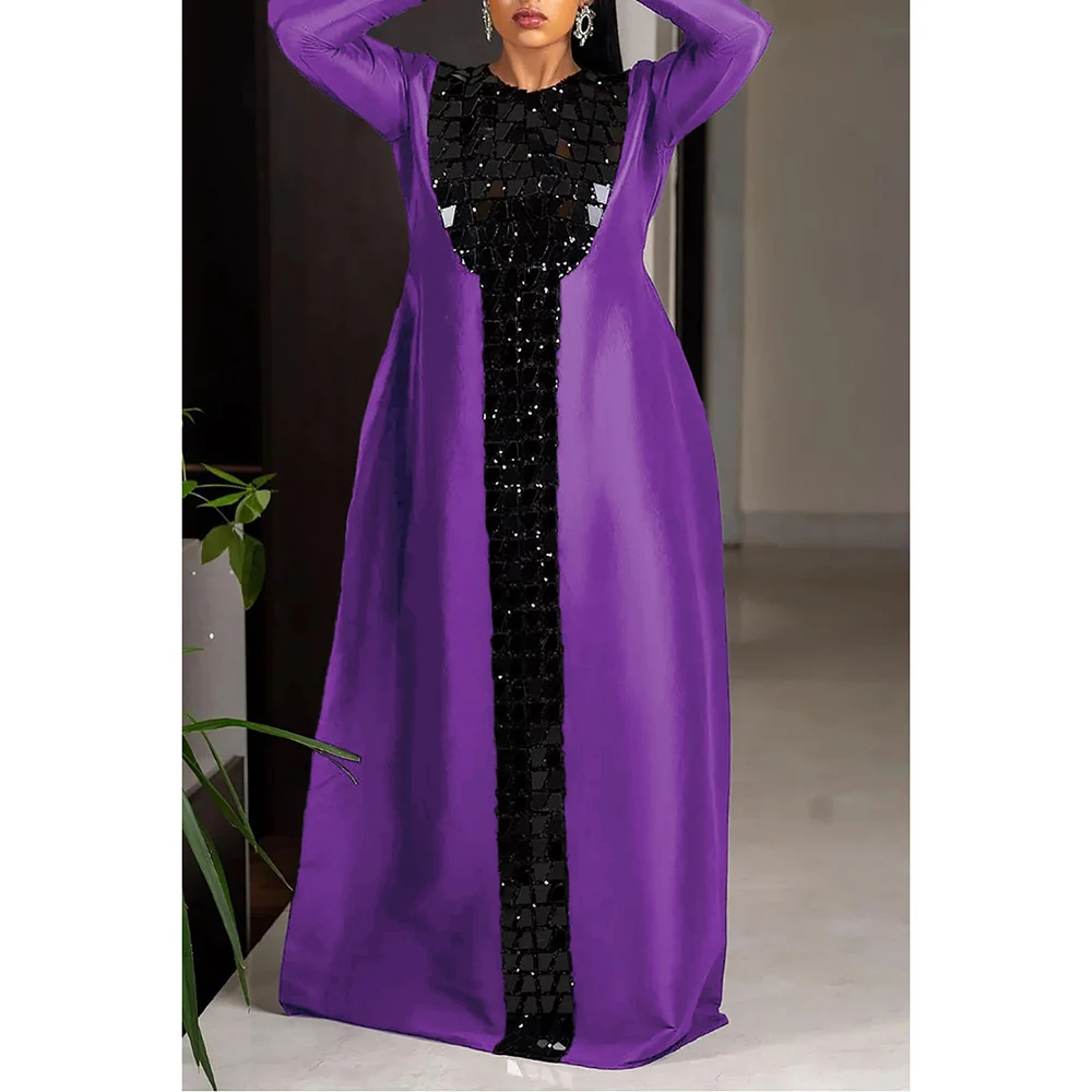 Plus Size Fashion Women's Black Satin Sequin Dress 2024 Long Sleeve Maxi Dress Casual Holiday Solid Color Robe