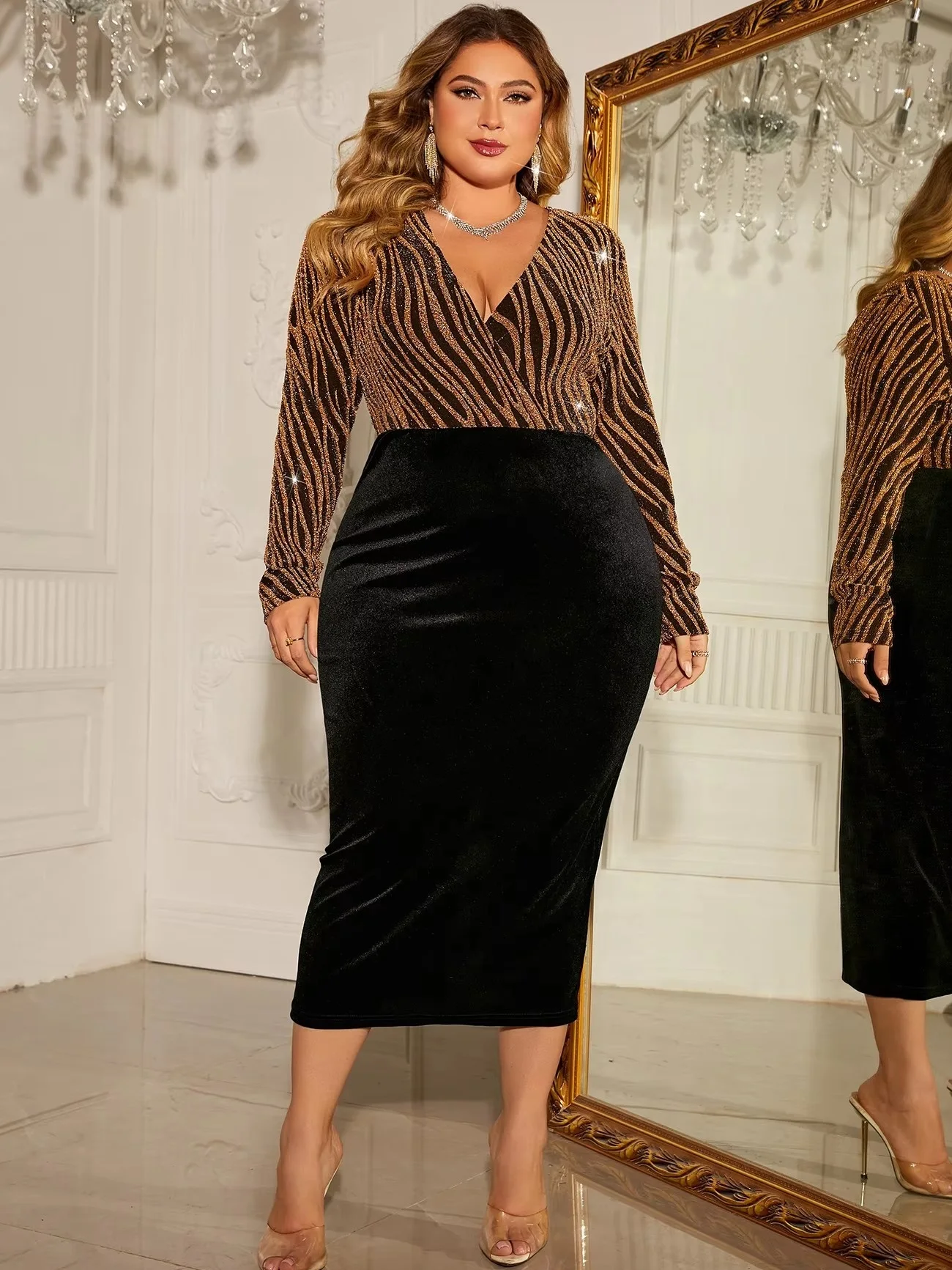 Sexy V-Neck Bodycon Sequins Oversize Party Evening Dress Long Sleeve Midi Evening Dress Corduroy Plus Size Womens Dresses