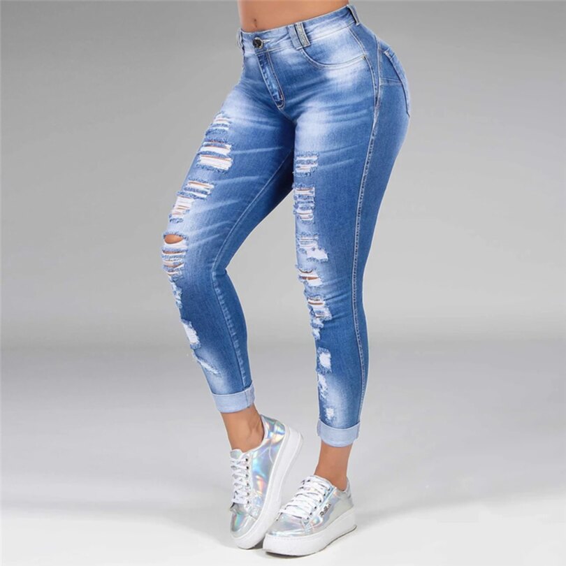 plus size 5XL Women Ripped High Waist Trousers Skinny Denim Jeans Hollow Bleached Long Pants Hollow Bleached Pencil Pants 2020 - Image 4