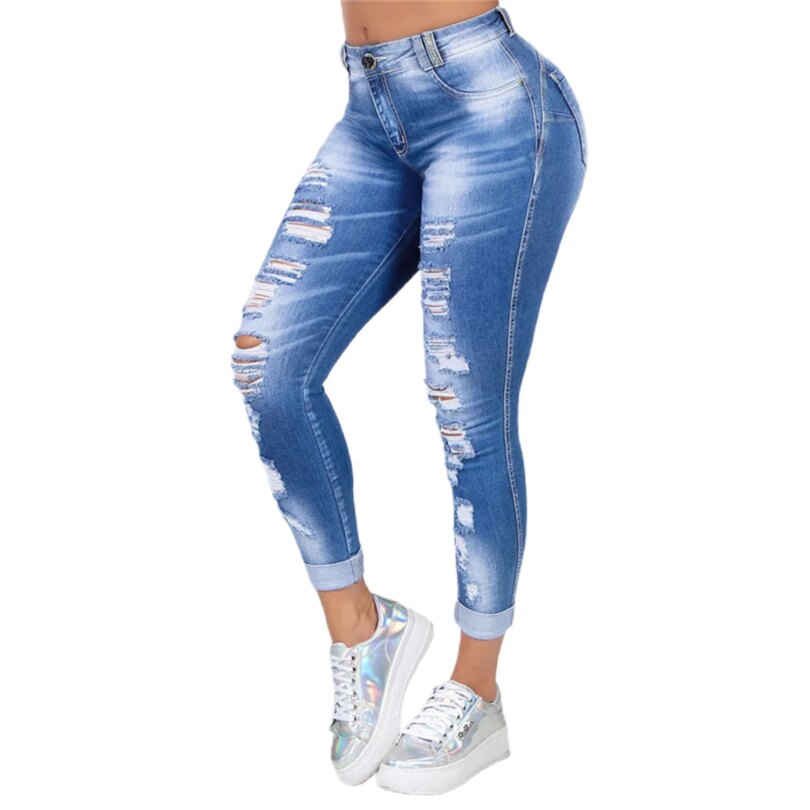 plus size 5XL Women Ripped High Waist Trousers Skinny Denim Jeans Hollow Bleached Long Pants Hollow Bleached Pencil Pants 2020 - Image 5