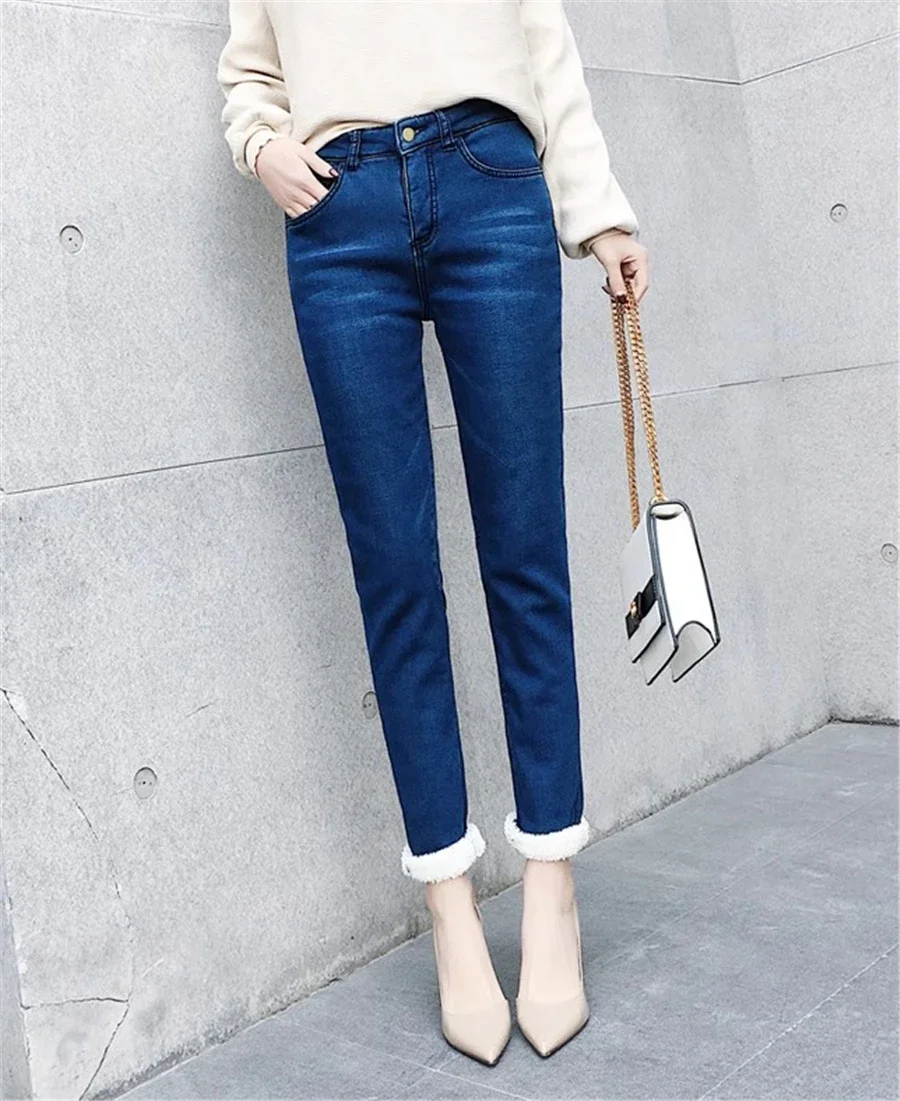 Winter Fleece Lined Denim Pencil Pants Women Thicken Warm Lamb Fluff Jeans High Waist New Slim Vaqueros Big Size 34 Kot Pantolon