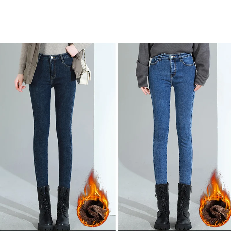 Women Thermal Jeans Denim Skinny Stretch Jeans Warm Lamb Fleece Lady Plus Size Pencil Trousers Oversized High Waist Winter Plush