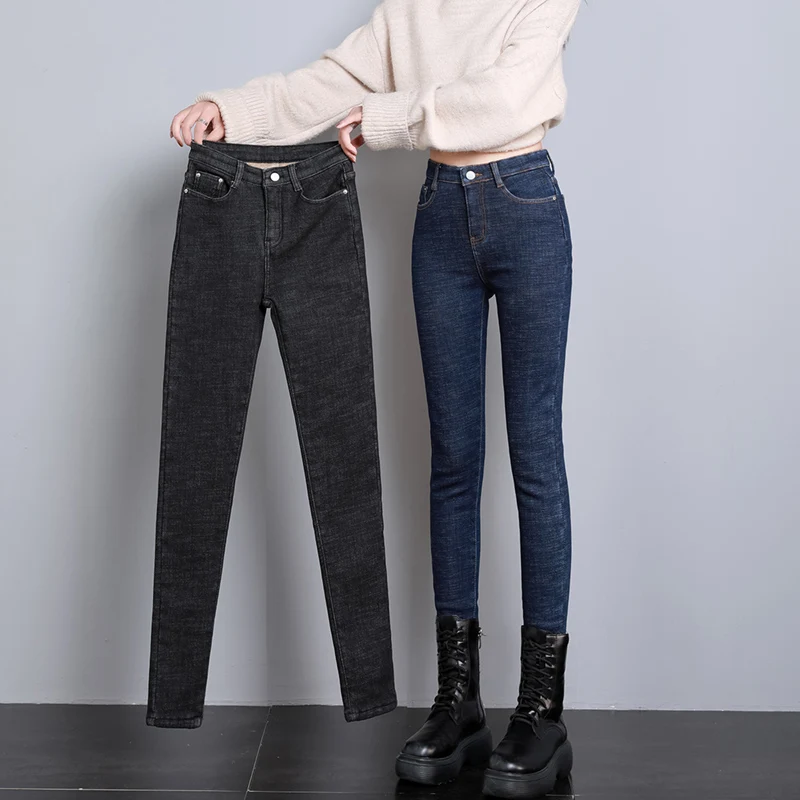 Women Thermal Jeans Denim Skinny Stretch Jeans Warm Lamb Fleece Lady Plus Size Pencil Trousers Oversized High Waist Winter Plush