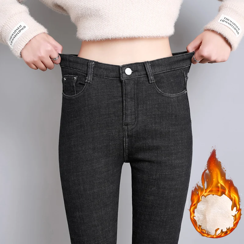 Women Thermal Jeans Denim Skinny Stretch Jeans Warm Lamb Fleece Lady Plus Size Pencil Trousers Oversized High Waist Winter Plush