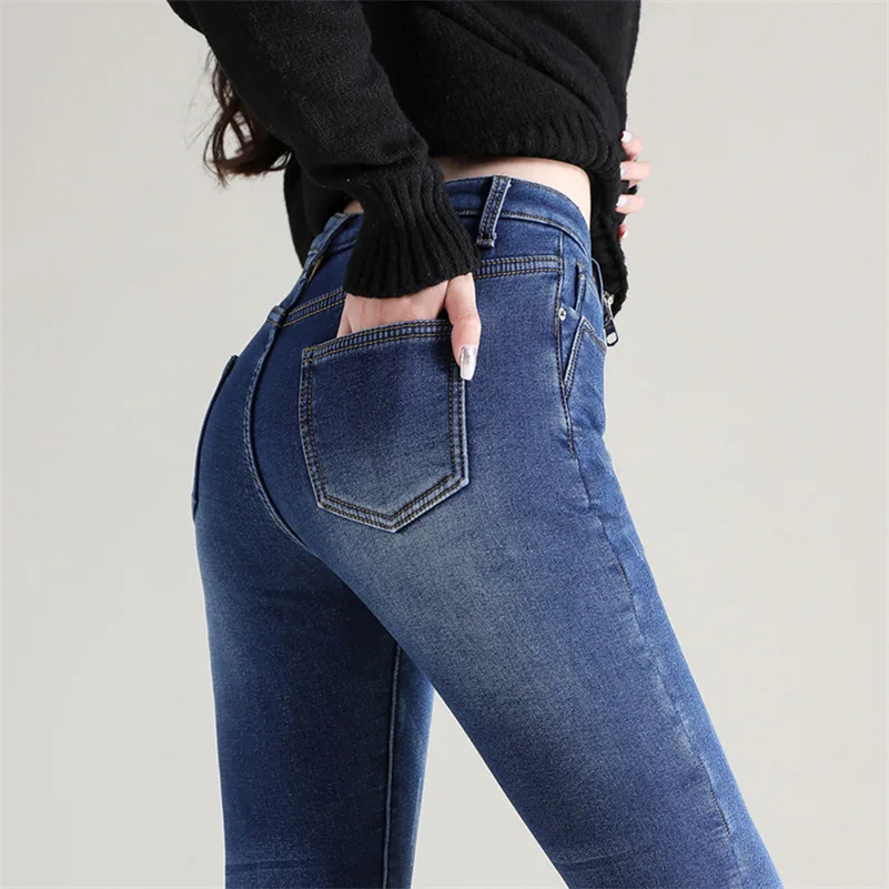 Women Thermal Jeans Denim Skinny Stretch Jeans Warm Lamb Fleece Lady Plus Size Pencil Trousers Oversized High Waist Winter Plush