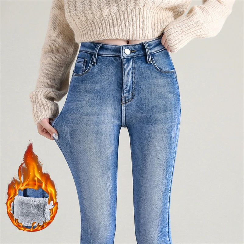 Women Thermal Jeans Denim Skinny Stretch Jeans Warm Lamb Fleece Lady Plus Size Pencil Trousers Oversized High Waist Winter Plush