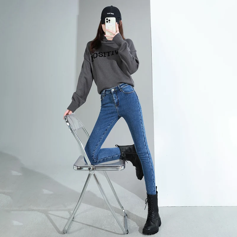 Women Thermal Jeans Denim Skinny Stretch Jeans Warm Lamb Fleece Lady Plus Size Pencil Trousers Oversized High Waist Winter Plush