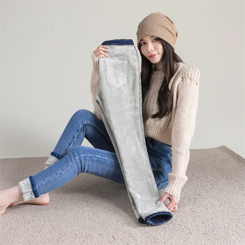 Women Thermal Jeans Denim Skinny Stretch Jeans Warm Lamb Fleece Lady Plus Size Pencil Trousers Oversized High Waist Winter Plush