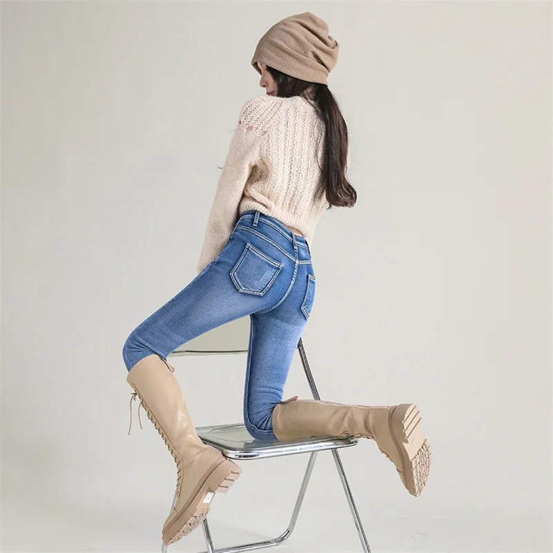 Women Thermal Jeans Denim Skinny Stretch Jeans Warm Lamb Fleece Lady Plus Size Pencil Trousers Oversized High Waist Winter Plush