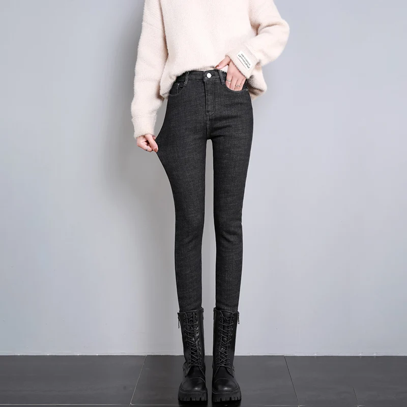 Women Thermal Jeans Denim Skinny Stretch Jeans Warm Lamb Fleece Lady Plus Size Pencil Trousers Oversized High Waist Winter Plush