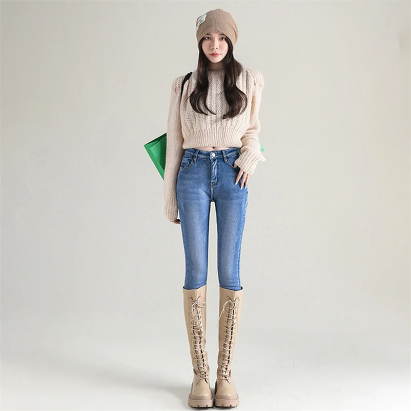 Women Thermal Jeans Denim Skinny Stretch Jeans Warm Lamb Fleece Lady Plus Size Pencil Trousers Oversized High Waist Winter Plush