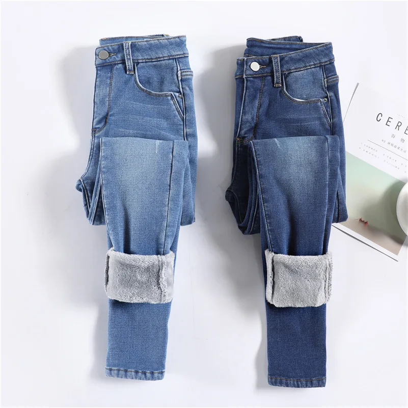 Women Thermal Jeans Denim Skinny Stretch Jeans Warm Lamb Fleece Lady Plus Size Pencil Trousers Oversized High Waist Winter Plush