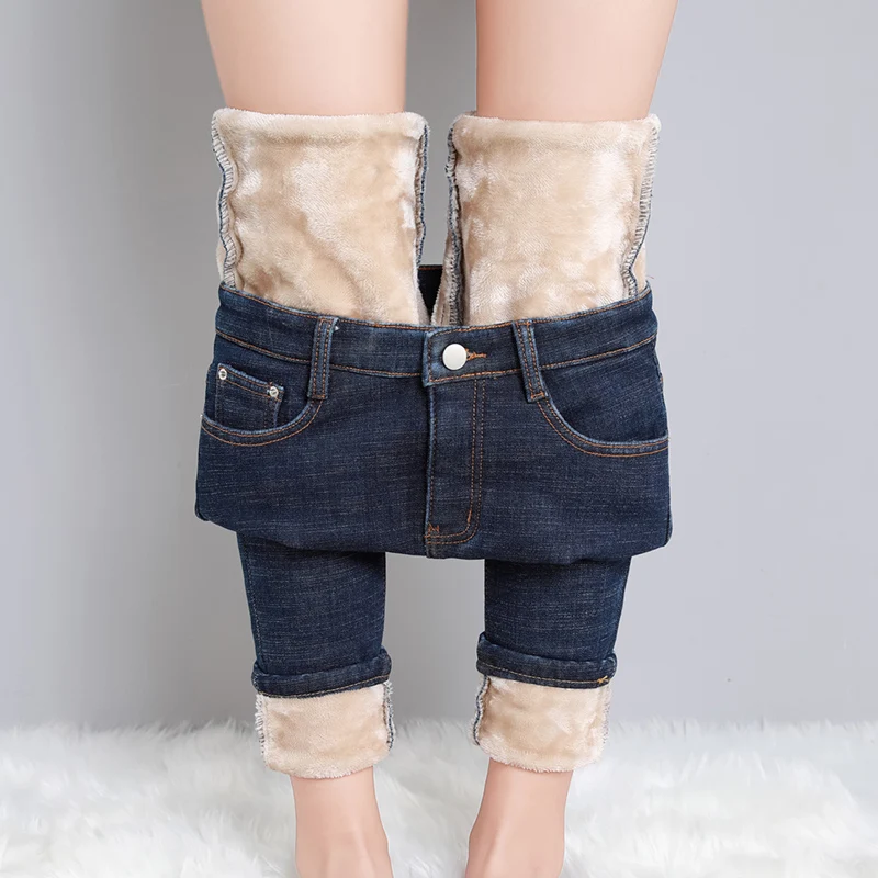 Women Thermal Jeans Denim Skinny Stretch Jeans Warm Lamb Fleece Lady Plus Size Pencil Trousers Oversized High Waist Winter Plush