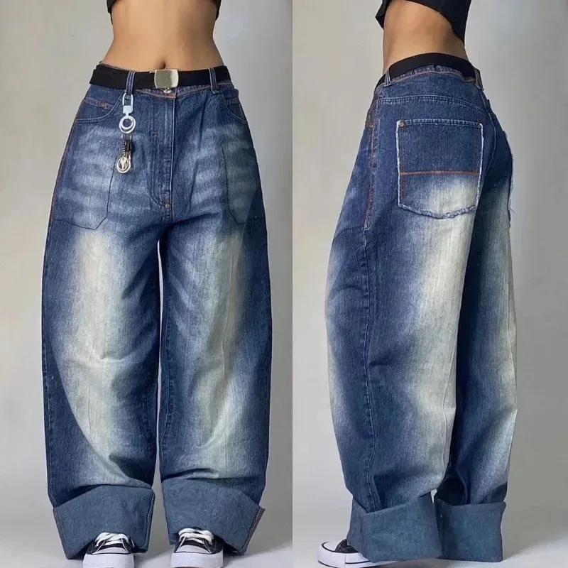 Streetwear American New Washed Light Blue Baggy Jeans Men And Women Y2K High Street Fashion Retro Punk High Waist Wide Trousers