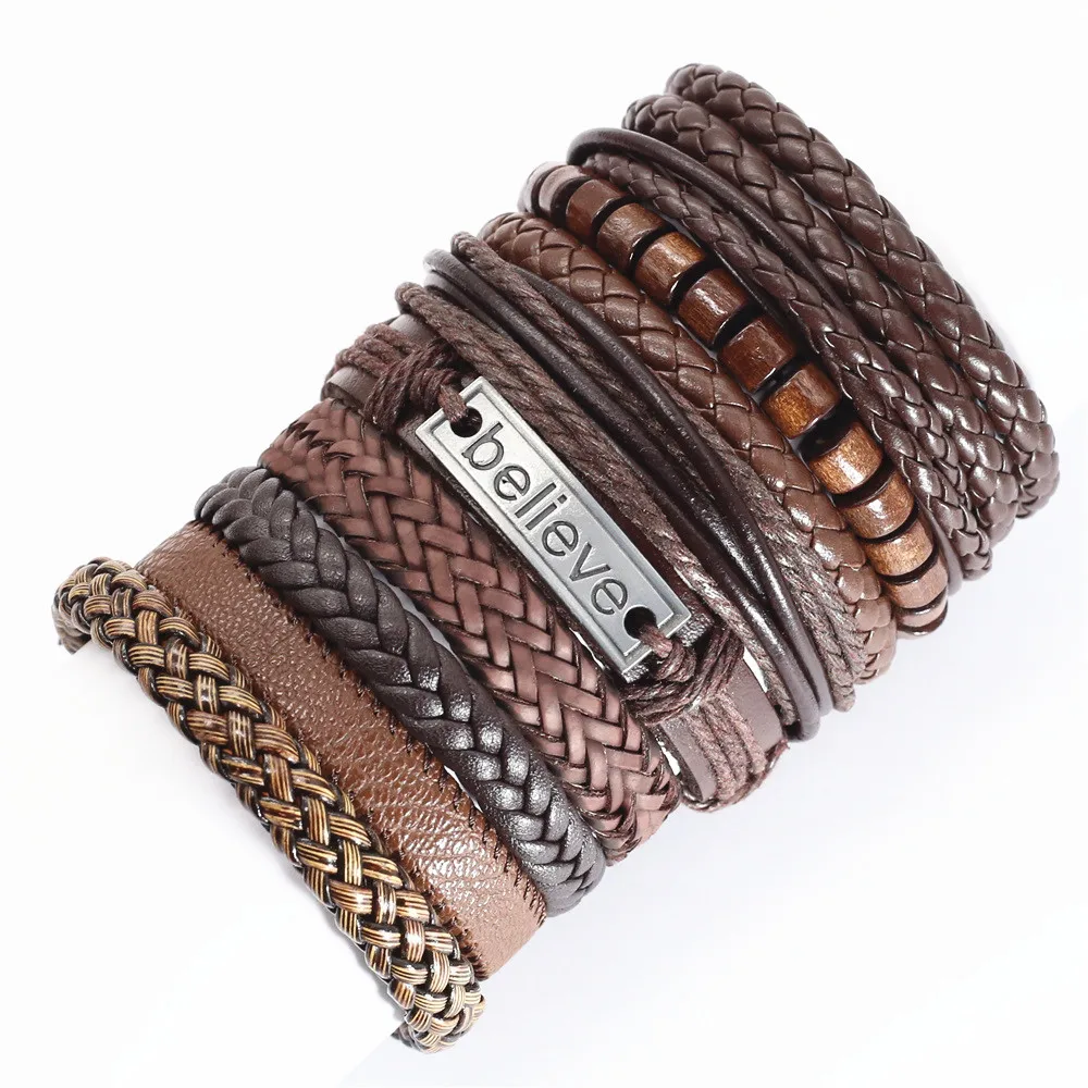 10 Pcs/set Black Wrap Woven New Fashion Handmade Men Bracelets Male Women Leather Bracelets Men Bangle Wholesale Jewelry Gift