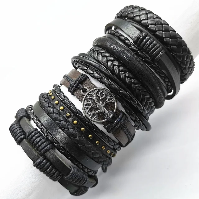 10 Pcs/set Black Wrap Woven New Fashion Handmade Men Bracelets Male Women Leather Bracelets Men Bangle Wholesale Jewelry Gift