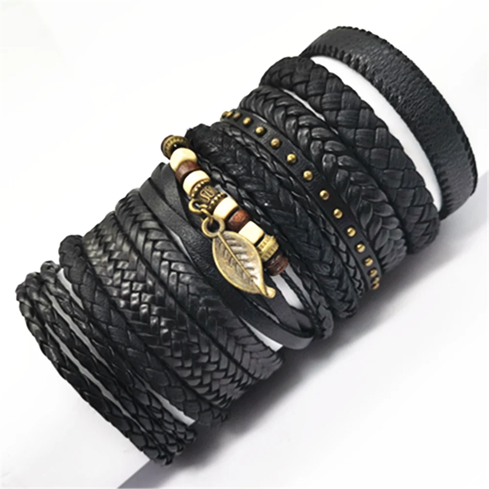 10 Pcs/set Black Wrap Woven New Fashion Handmade Men Bracelets Male Women Leather Bracelets Men Bangle Wholesale Jewelry Gift