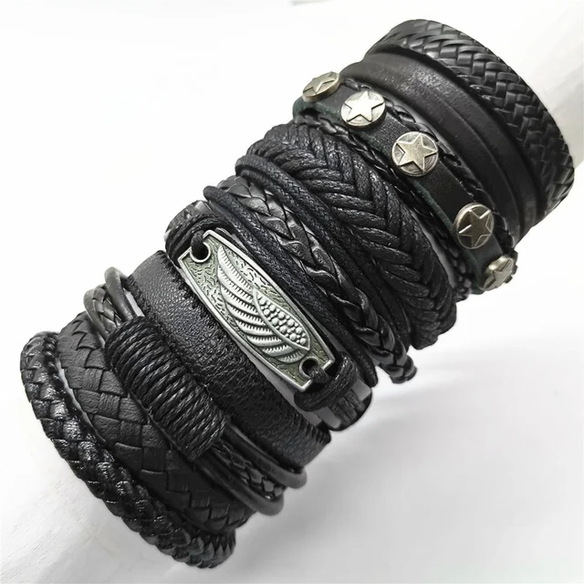 10 Pcs/set Black Wrap Woven New Fashion Handmade Men Bracelets Male Women Leather Bracelets Men Bangle Wholesale Jewelry Gift