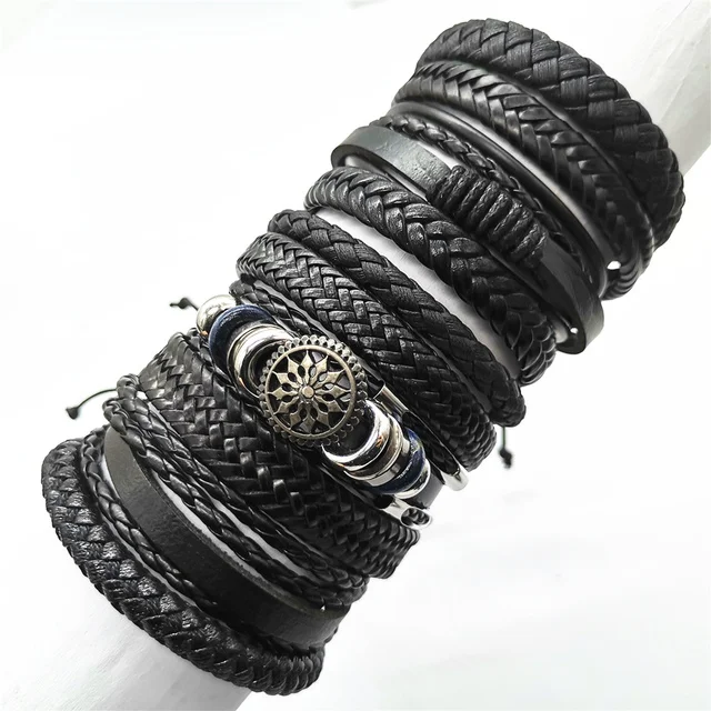 10 Pcs/set Black Wrap Woven New Fashion Handmade Men Bracelets Male Women Leather Bracelets Men Bangle Wholesale Jewelry Gift