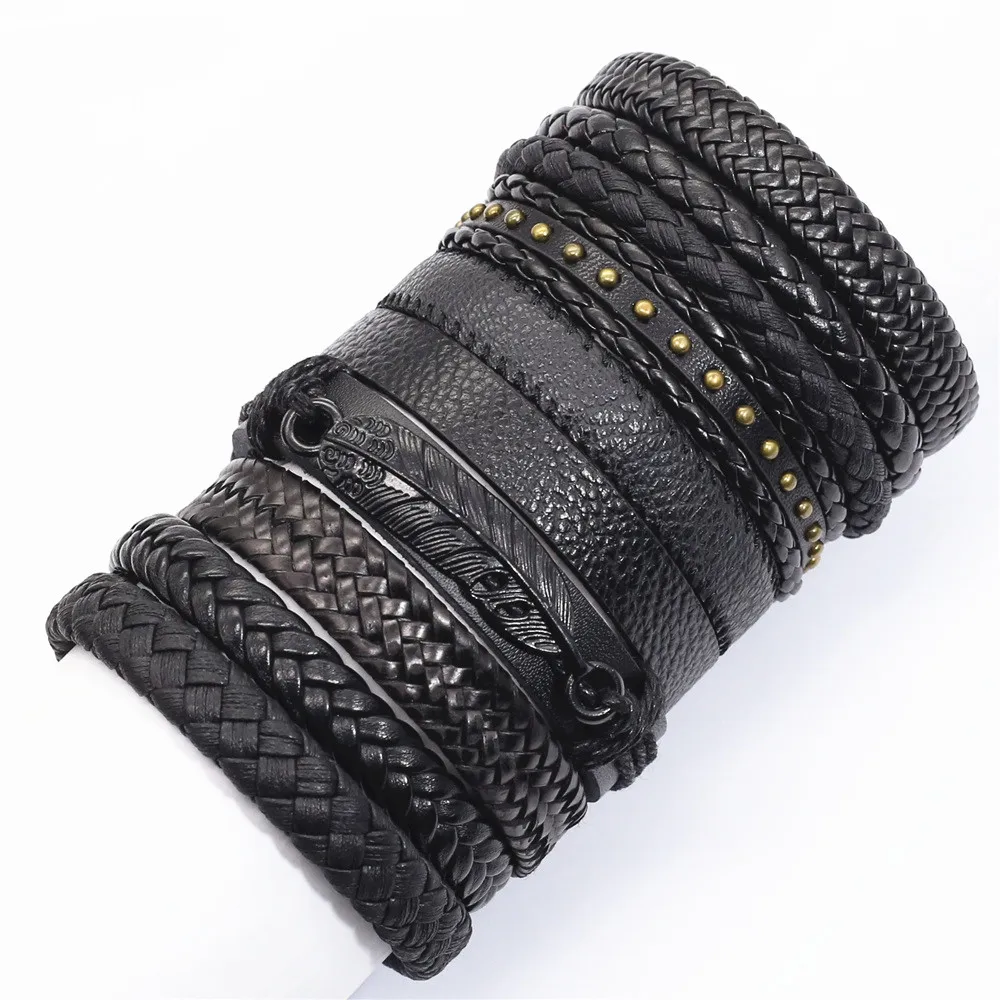 10 Pcs/set Black Wrap Woven New Fashion Handmade Men Bracelets Male Women Leather Bracelets Men Bangle Wholesale Jewelry Gift