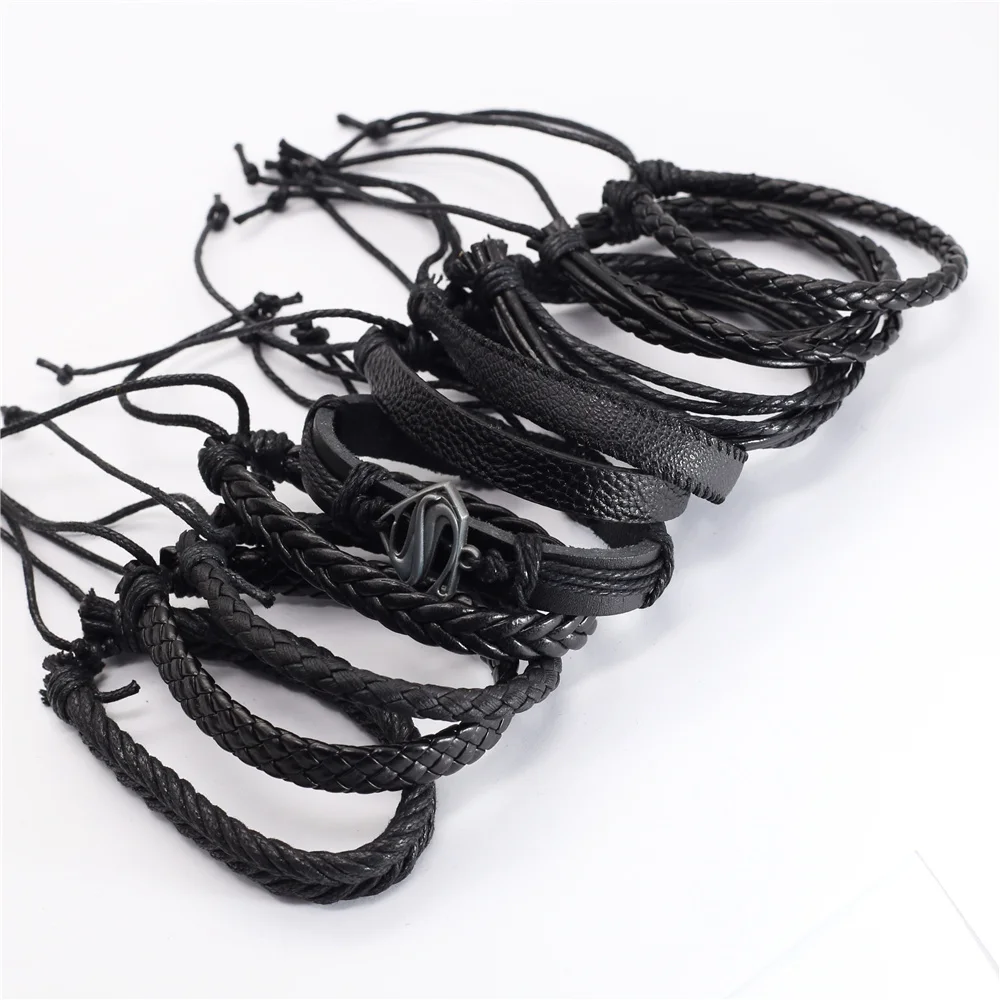 10 Pcs/set Black Wrap Woven New Fashion Handmade Men Bracelets Male Women Leather Bracelets Men Bangle Wholesale Jewelry Gift