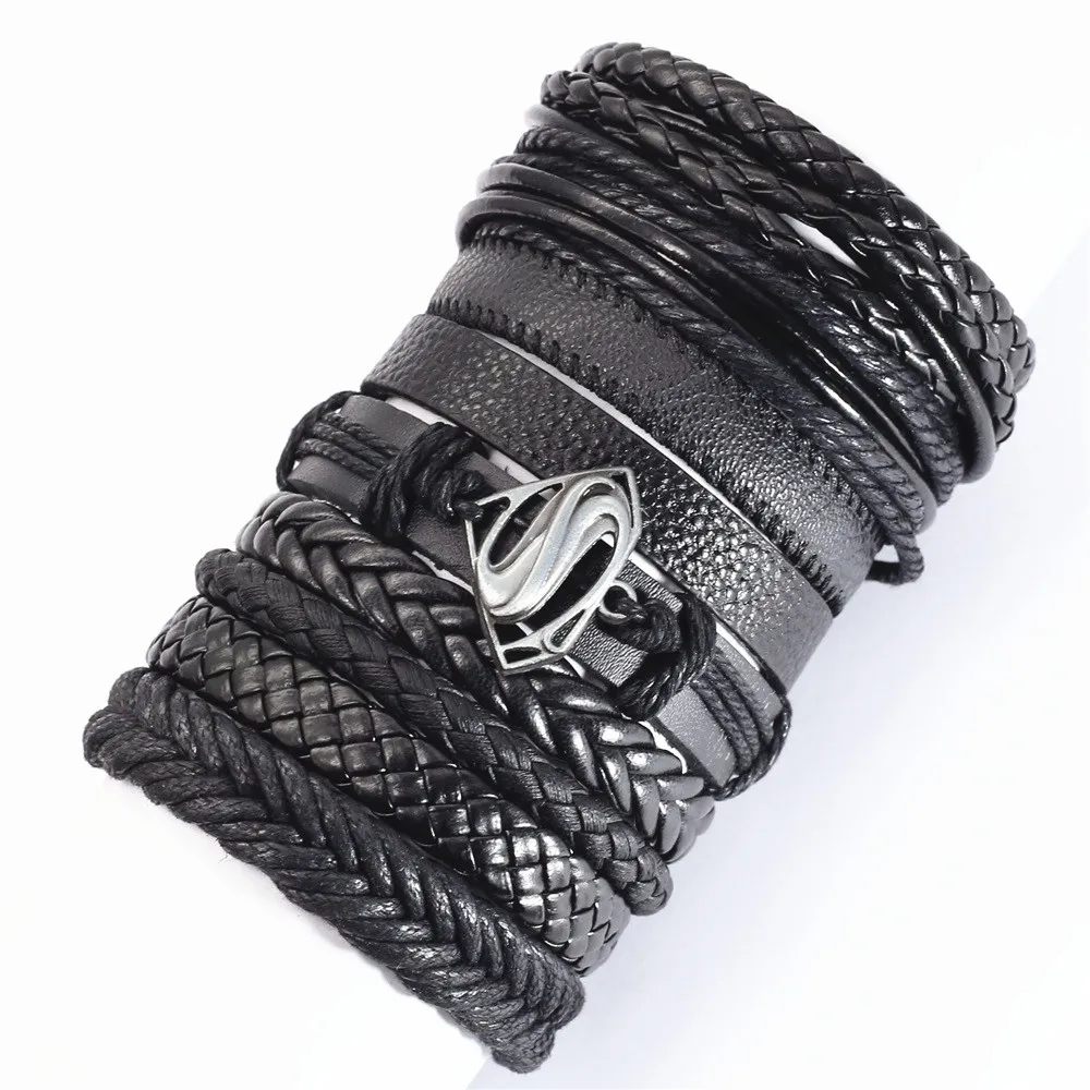 10 Pcs/set Black Wrap Woven New Fashion Handmade Men Bracelets Male Women Leather Bracelets Men Bangle Wholesale Jewelry Gift