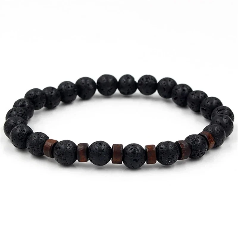 Fashion Natural Lava Stone Wooden Beads Energy Yogi Elastic Stand Bracelet Bangle For Men Accessorie Jewelry Valentine Gift